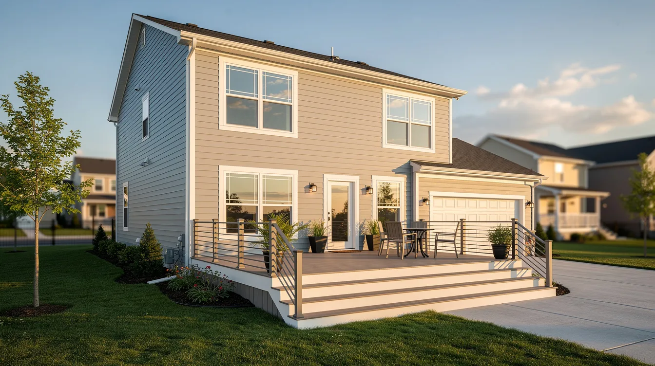 The image depicts a two-story home showcasing freshly installed siding and new windows, complemented by a stylish composite deck, all set in a suburban neighborhood. This exterior remodeling project enhances the curb appeal and energy efficiency of the property, reflecting the quality and craftsmanship of professional contractors in Indianapolis.
