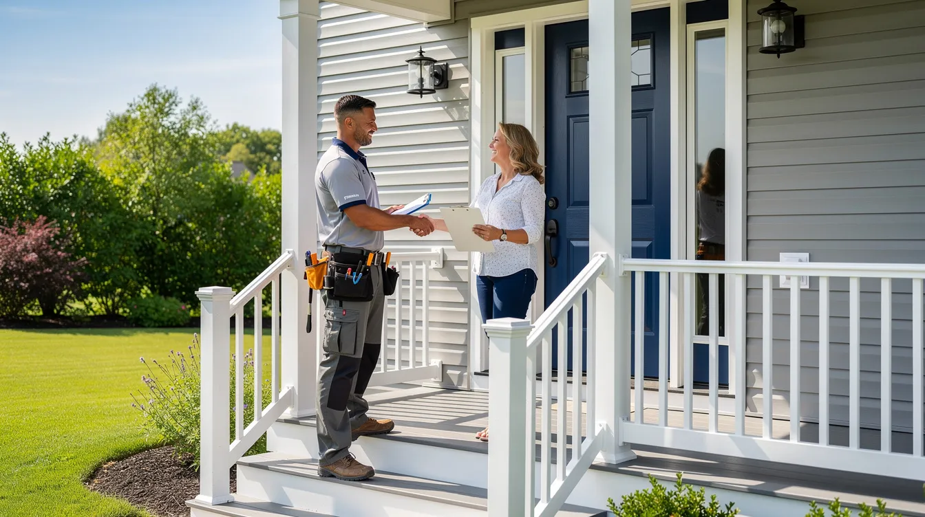 A contractor is shaking hands with a homeowner on a front porch, showcasing newly installed siding and a fresh entry door that enhance the home's curb appeal. This exterior remodeling project reflects the team's commitment to quality workmanship and clear communication, ensuring homeowners feel confident in their investment.