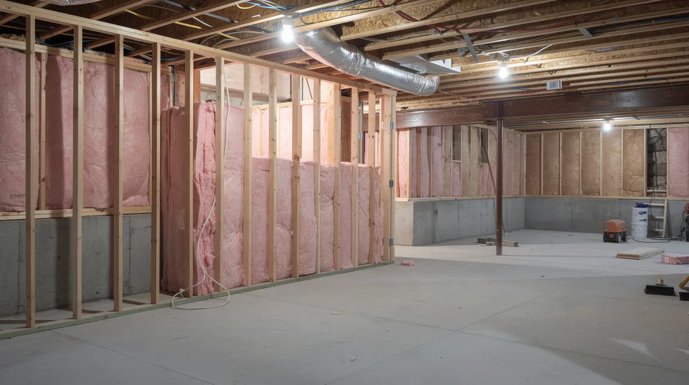 The image depicts a basement mid-construction, featuring exposed wood framing studs and pink insulation installed between the wall sections, illustrating the initial phase of a basement remodeling project. This setup highlights the transformation of an existing basement into functional living spaces, emphasizing the planning and materials involved in the remodeling process.