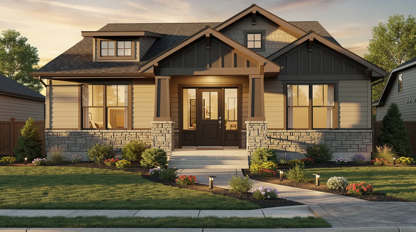 The image showcases a beautifully remodeled home exterior featuring a combination of stone veneer accents, a new entry door, and vibrant landscaping, all bathed in the warm glow of golden hour. This transformation enhances the home's curb appeal, reflecting the expertise of professional designers and experienced contractors in exterior remodeling projects.