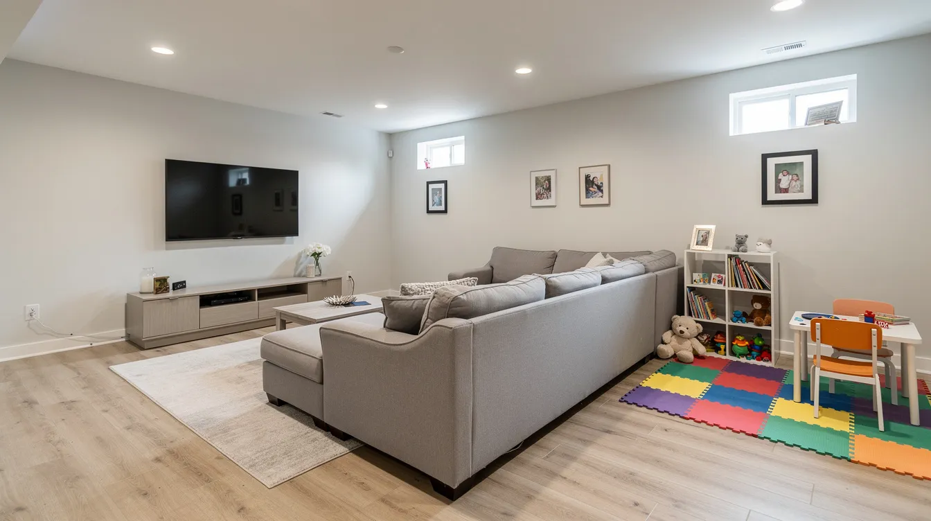 The image depicts a bright and inviting finished basement family room featuring a comfortable sectional sofa, a wall-mounted television, and recessed lighting. In the corner, there's a colorful kids' play area, showcasing the space's functionality and style, ideal for entertaining and family activities in a remodeled basement.