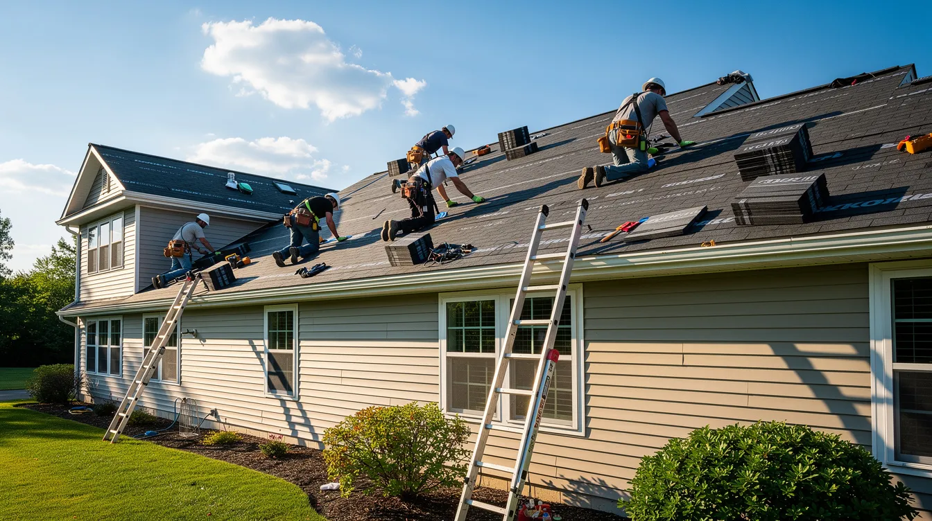 A construction crew is actively installing new roofing shingles on a residential home under a clear blue sky, showcasing the expertise of experienced contractors in this exterior remodeling project. This installation is a crucial step in enhancing the home's curb appeal and overall transformation.
