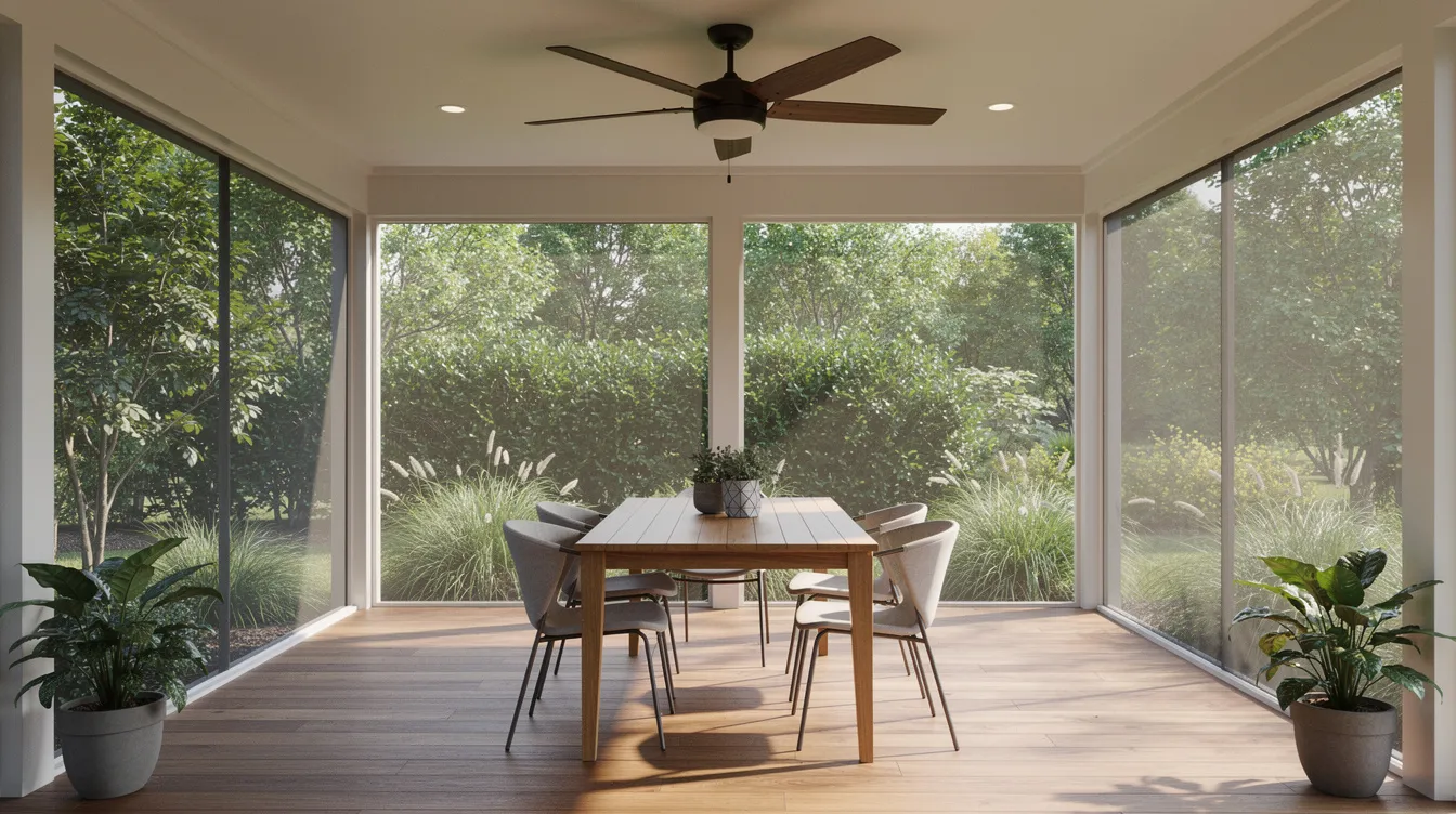 The image depicts a cozy screened porch designed for outdoor living, featuring a dining table and a ceiling fan, all surrounded by lush green landscaping. This inviting space seamlessly blends with the home's existing architecture, creating a perfect outdoor space for family and friends to enjoy.
