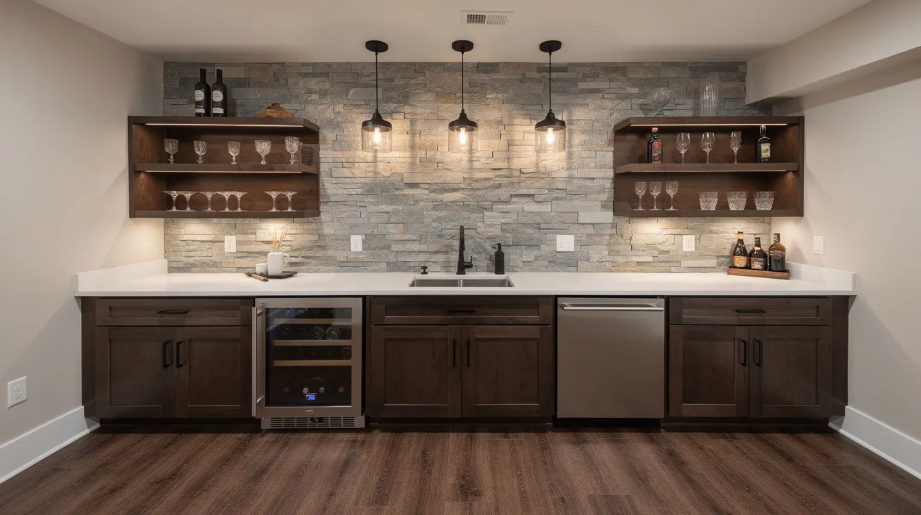 This image depicts a luxurious custom basement wet bar featuring a stylish stone accent wall, elegant pendant lighting, and modern luxury vinyl plank flooring, creating a perfect space for entertaining and relaxation. The design reflects a finished basement that enhances property value and transforms everyday life into a cozy recreation room.