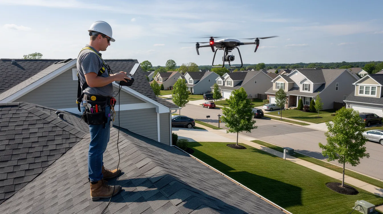 A contractor is using a drone to inspect a residential roof, with a suburban neighborhood visible in the background. This scene highlights the use of modern technology in exterior remodeling services, showcasing the contractor's commitment to quality and professionalism in home remodeling projects in the greater Indianapolis area.