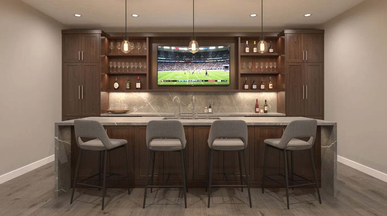 The image depicts a stylish custom basement wet bar featuring elegant pendant lighting, a sleek stone countertop, and comfortable bar seating, all complemented by a large television mounted above well-organized shelving. This finished basement space in Carmel, Indiana, showcases quality craftsmanship and is designed for entertaining, making it an inviting area for homeowners to enjoy.
