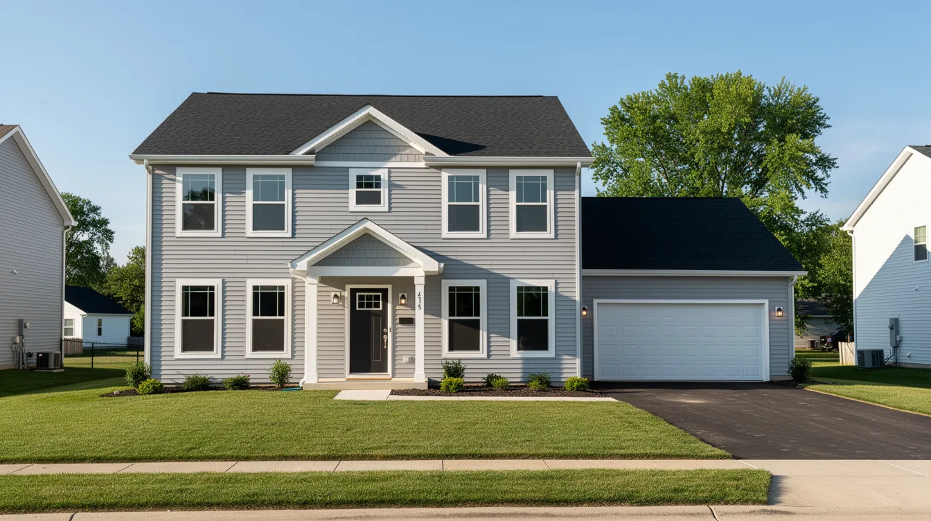 A two-story residential home in a Midwest suburb showcases fresh siding and a newly installed asphalt shingle roof, enhancing its curb appeal on a sunny day. This exterior remodeling project reflects quality craftsmanship, perfect for Indianapolis homeowners looking to improve their home's exterior.