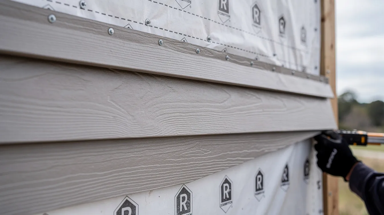 A close-up view of fiber cement lap siding being expertly installed on a residential house, showcasing the housewrap underneath for added protection. This image highlights the craftsmanship involved in exterior remodeling projects, appealing to Indianapolis homeowners looking to enhance their home's curb appeal.