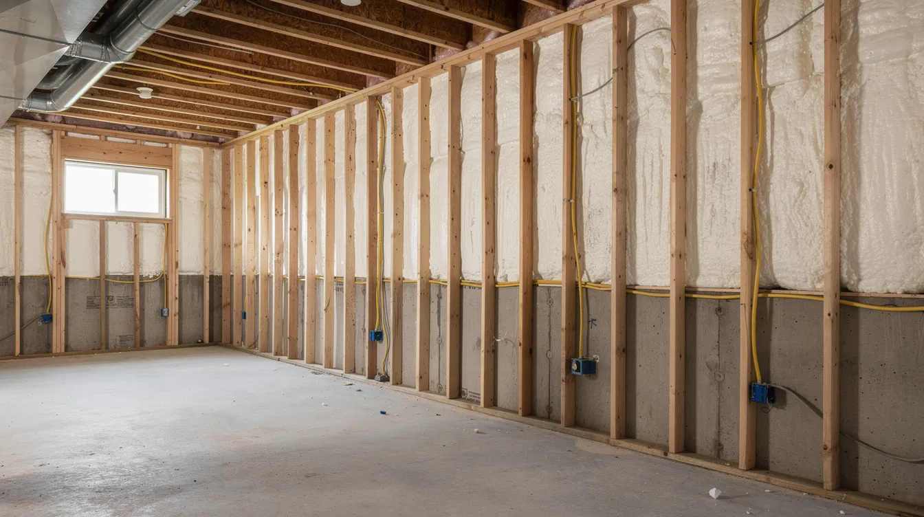 The image depicts an in-progress basement remodeling project in Carmel, Indiana, showcasing wood framing, rigid foam insulation on the foundation walls, and rough-in electrical wiring. This unfinished basement is being transformed into a livable space, reflecting quality craftsmanship and the potential for stylish entertainment areas or guest suites.