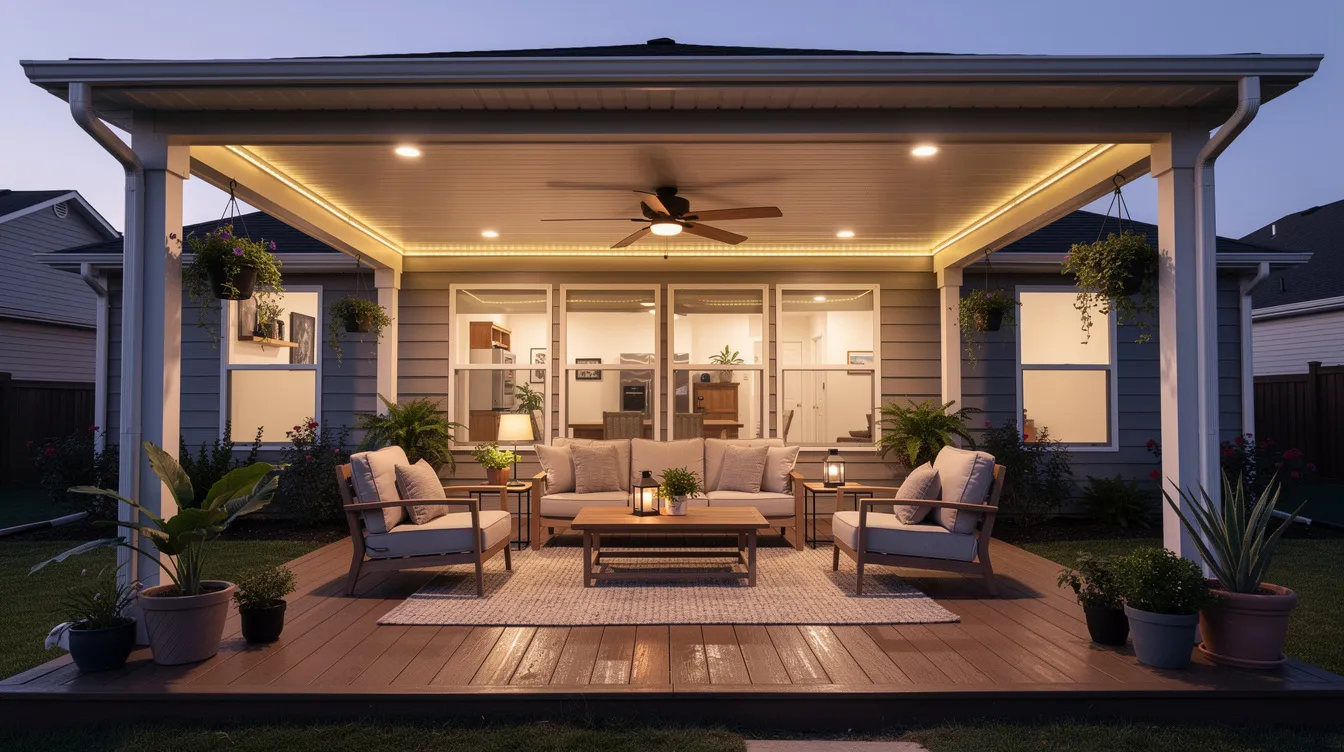 The image depicts a cozy covered porch at dusk, featuring comfortable outdoor furniture and warm lighting, perfect for enhancing the outdoor living space of a Carmel home. A ceiling fan adds to the inviting atmosphere, making it an ideal spot for homeowners to relax and enjoy time with family and friends.