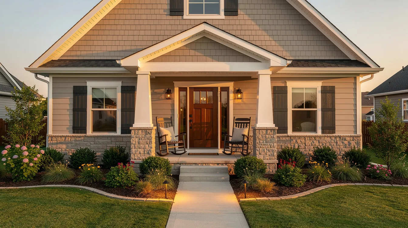 The image showcases a charming craftsman-style Indiana home featuring newly installed siding and shutters, along with a welcoming front porch that enhances its curb appeal. Surrounded by thoughtfully designed landscaping, this exterior remodel highlights the home's architecture and transforms it into a dream home that reflects quality craftsmanship.