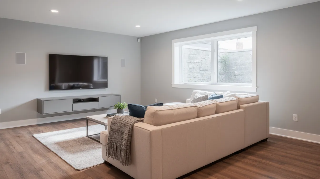 The image depicts a bright and inviting finished basement living room, featuring a cozy sectional sofa and a large TV mounted on the wall, with natural daylight streaming in through a window well. This beautifully designed space showcases the potential of a basement remodel, transforming it into a functional and stylish recreation room perfect for everyday life.