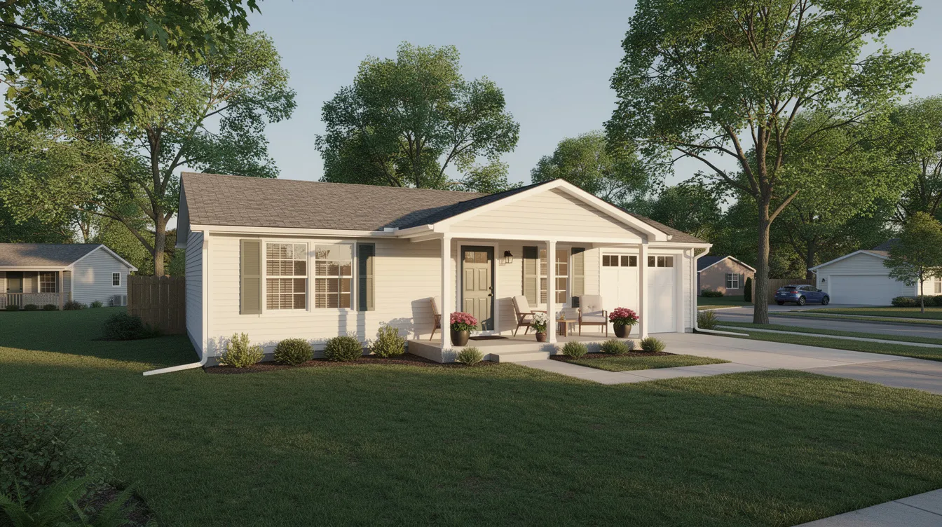 The image shows the exterior of a charming ranch-style home located in a Central Indiana neighborhood, surrounded by mature trees and featuring a welcoming covered front porch. This well-maintained house represents the quality craftsmanship and style that homeowners in areas like Beech Grove and Meridian Hills seek for their next remodeling project.