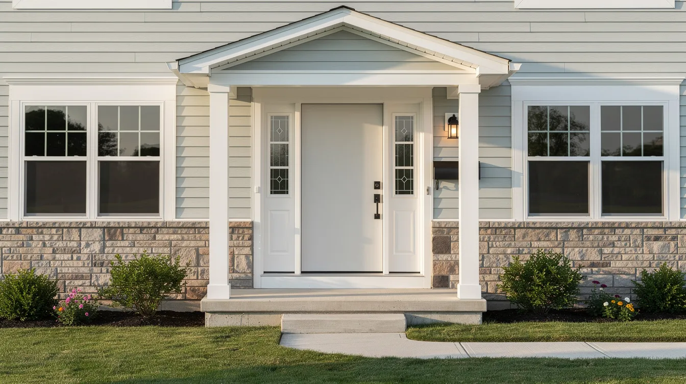 The image depicts a newly installed steel front door with sidelights on a two-story Indiana home, showcasing enhanced security and better insulation. This exterior door replacement project highlights the door's durability and stylish design, creating an impressive entryway for homeowners and their guests.