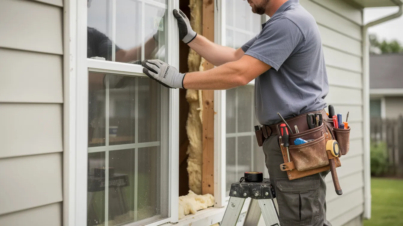 Window Replacement Hamilton County Indiana: A Local Homeowner's Guide 3 A window installer is carefully placing a new vinyl window into a residential opening, wearing work gloves and a tool belt, showcasing the precision involved in window installation. This image highlights the quality and expertise that homeowners in Hamilton County can expect from a professional window replacement service.