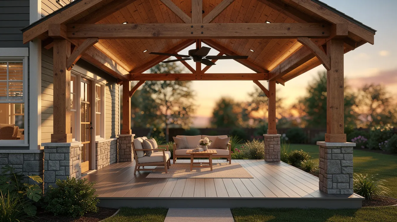 The image depicts a craftsman-style covered porch addition featuring exposed wood beams and a ceiling fan, with composite decking flooring illuminated by the warm glow of golden hour. This inviting outdoor living space is perfect for enjoying morning coffee or relaxing with family, showcasing the beautiful integration of quality materials and thoughtful design.