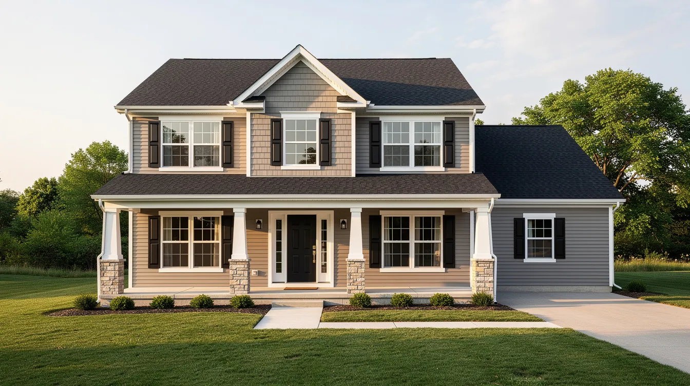 The image depicts a two-story home in Central Indiana featuring freshly installed siding and an architectural shingle roof, complemented by a welcoming front porch with stone-wrapped columns. This exterior remodel enhances the home's curb appeal, showcasing quality craftsmanship and a design that transforms the overall aesthetics of the space.