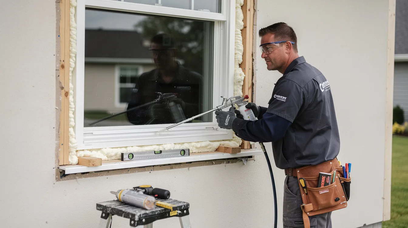 A window installer in work gear is meticulously applying foam insulation around a newly installed energy efficient window frame on a residential home. This process helps improve energy efficiency and reduce energy bills by minimizing heat transfer and air leakage.