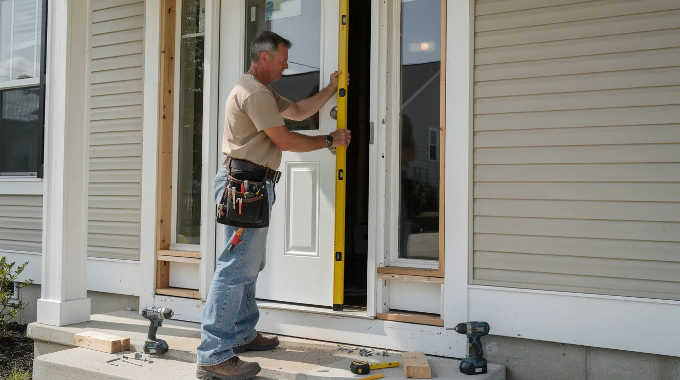 A contractor is carefully using a level tool to ensure proper alignment while installing a new exterior door into the home's door frame. This process is crucial for achieving enhanced security and better insulation in the entryway.