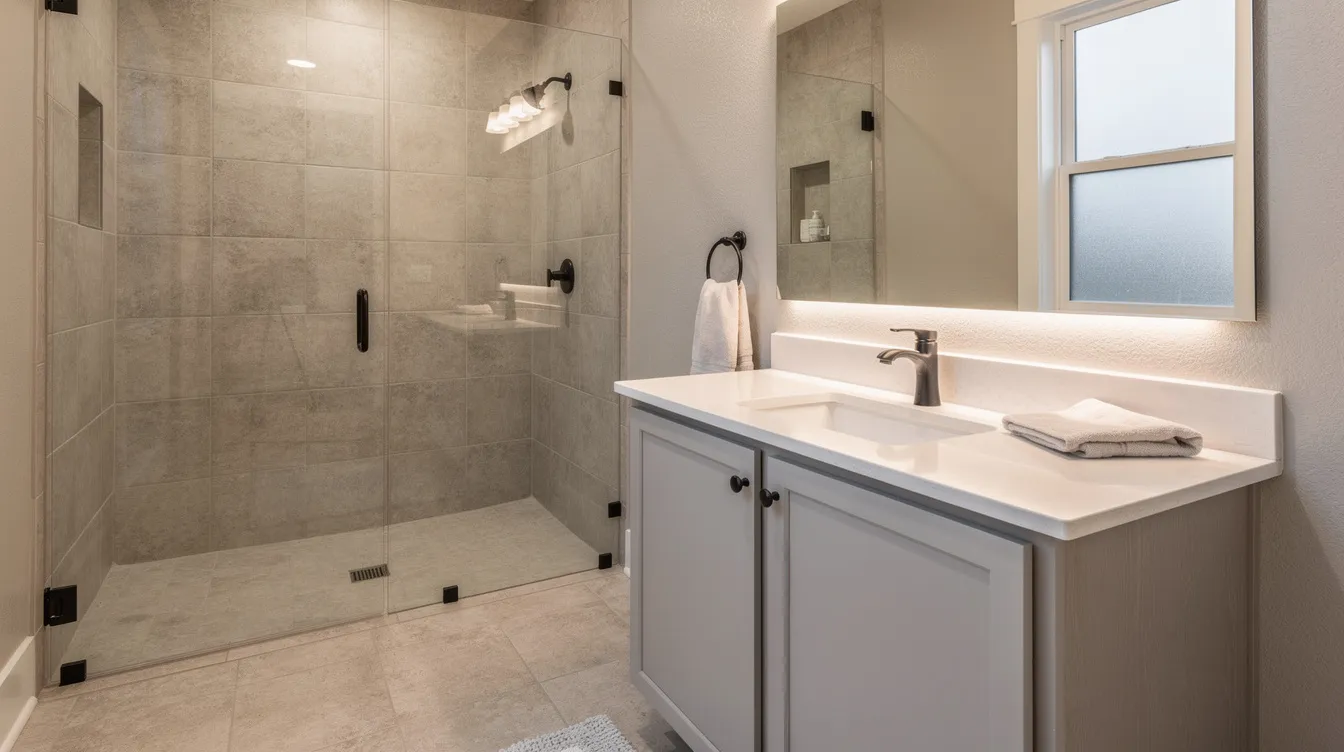 The image depicts a spacious walk-in tile shower featuring warm neutral tones, complemented by a comfort-height vanity in a beautifully renovated Indiana bathroom. This design exudes a sense of luxury and craftsmanship, showcasing the expertise of an interior designer dedicated to creating stunning spaces for homeowners.