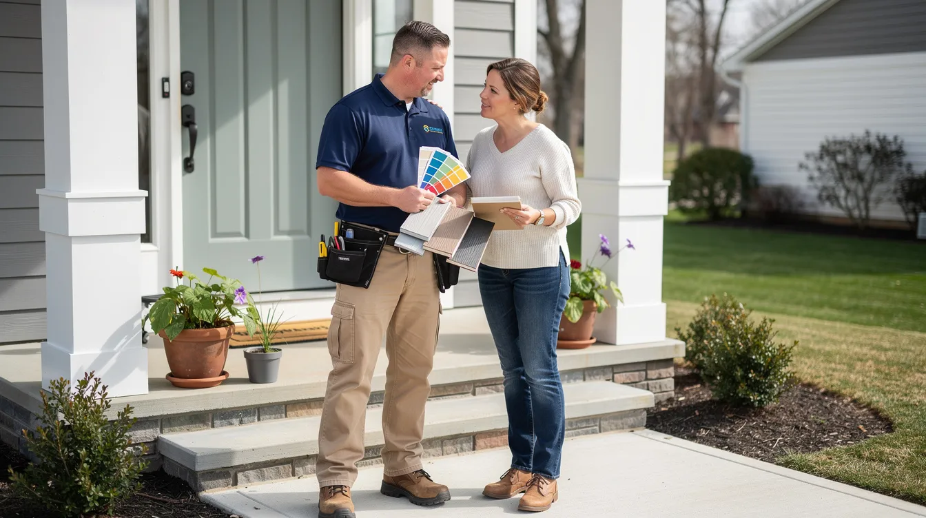 A contractor and a homeowner are standing on a front porch, engaged in a discussion while reviewing material samples and color swatches for an exterior remodel project. This collaborative moment highlights the design process aimed at enhancing the home's curb appeal and achieving the homeowner's vision for their dream home.