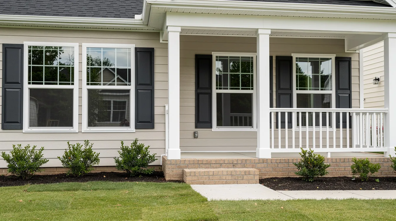 Window Replacement Hamilton County Indiana: A Local Homeowner's Guide 4 The image depicts a well-maintained residential home exterior featuring new white vinyl windows with dark shutters, set against light-colored siding. A welcoming front porch is also visible, highlighting the quality of the window installation and the style of the home, ideal for homeowners in Hamilton County, Indiana.