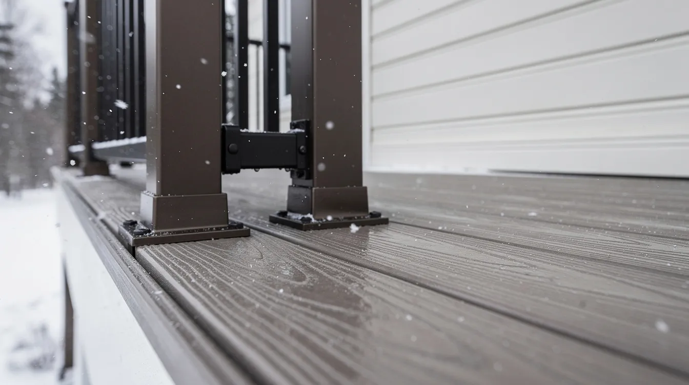 A close-up view of composite decking boards and aluminum railing posts on a covered porch, with a beadboard ceiling above, highlights the durable materials used in this outdoor living space during a light snowfall. This detail showcases the quality craftsmanship that many Carmel homeowners appreciate in their outdoor living remodel projects.