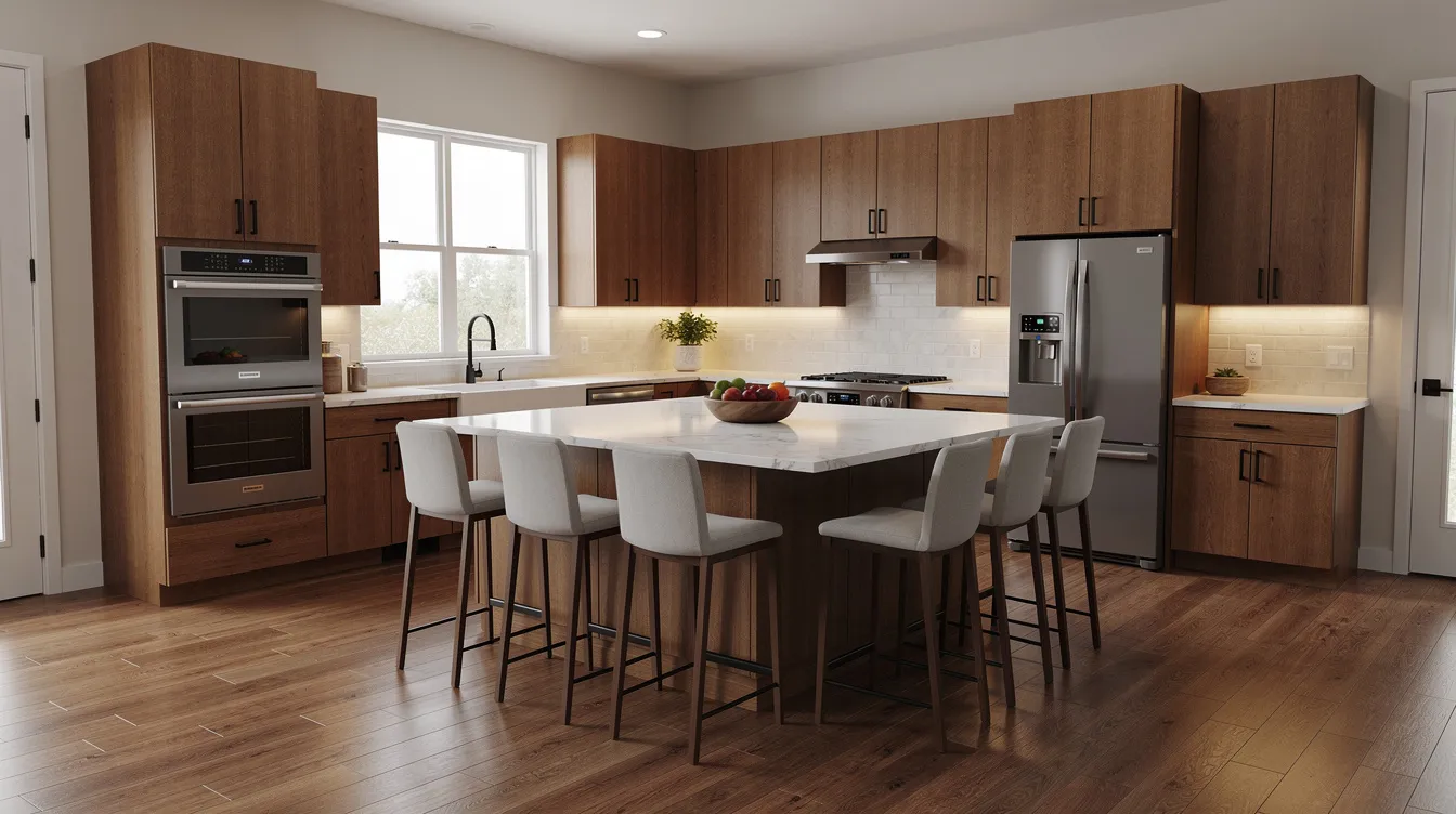 This image features a warm, modern kitchen in a Central Indiana home, showcasing a large island, wood-toned cabinetry, and neutral countertops, reflecting the professional craftsmanship and design vision of a skilled interior designer. The inviting space is perfect for family gatherings and embodies a seamless blend of style and functionality.
