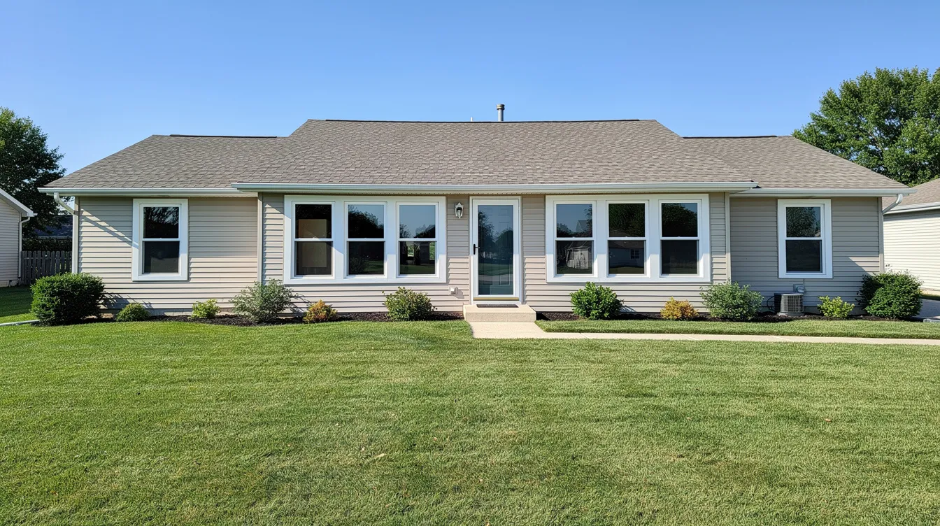 The image depicts a ranch-style home in Indiana featuring new white-framed energy efficient windows on its front facade, complemented by a lush green lawn in the foreground. These replacement windows are designed to enhance energy efficiency and reduce energy bills, contributing to a more sustainable living environment.