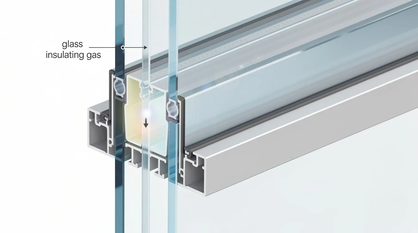 This close-up cross-section view of a double pane window highlights two glass layers separated by a gas-filled gap, showcasing the energy-efficient features that help reduce heat transfer and improve energy efficiency. The use of argon gas fills and low E glass contributes to better insulation, making these windows ideal for saving on energy bills.