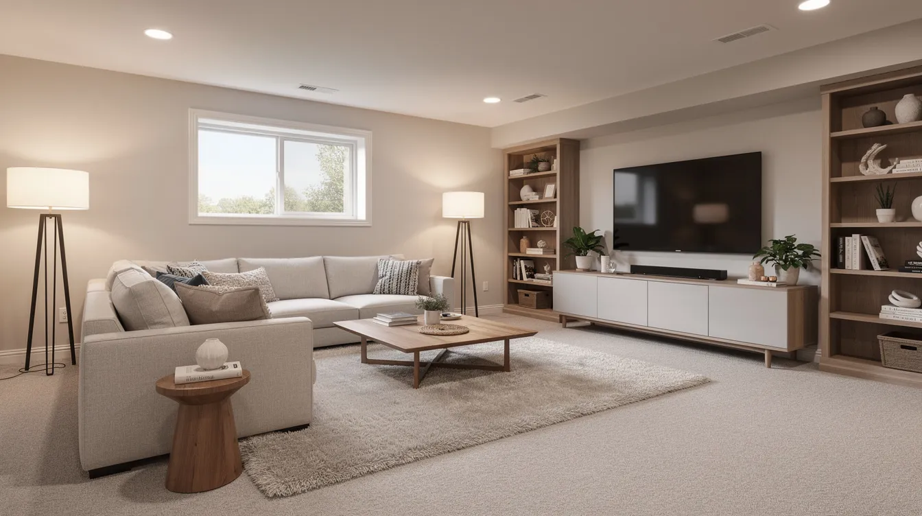 The image depicts a bright and modern finished basement family room, featuring comfortable seating arranged under warm lighting, with an egress window that allows natural light to flood the space. This inviting area showcases elements of a successful basement renovation, perfect for relaxation and everyday life.