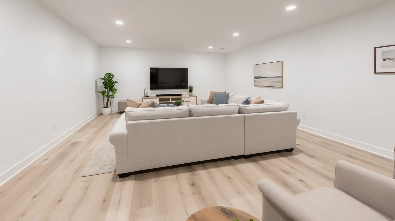 The image depicts a bright finished basement family room featuring recessed lighting, a large sectional sofa, and light-colored luxury vinyl plank flooring, creating a comfortable and functional space perfect for entertaining or relaxing. This beautifully remodeled area showcases quality materials and a thoughtful layout, ideal for Carmel homeowners seeking to enhance their livable space.