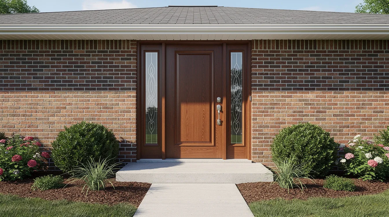 The image features a new fiberglass front door adorned with decorative glass sidelights, set against the backdrop of a brick ranch-style home, beautifully surrounded by landscaping. This entryway showcases the enhanced security and aesthetics of exterior doors, making a welcoming impression for guests.