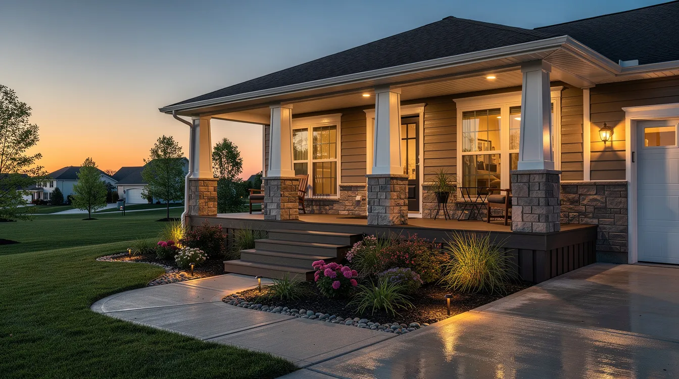 The image showcases a beautifully landscaped home exterior in Central Indiana, featuring a covered porch with composite decking, elegant stone columns, and warm exterior lighting illuminating the space at dusk. This design enhances curb appeal and reflects the craftsmanship and attention to detail that homeowners can expect from professional designers and experienced contractors during an exterior remodel.