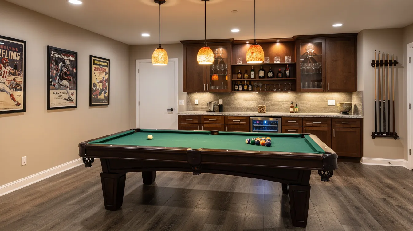 The image depicts a finished basement game room featuring a sleek pool table, a built-in bar area, and warm pendant lighting that creates a cozy atmosphere for recreation and relaxation. This dream basement is designed to enhance everyday life, providing a perfect space for entertaining and enjoying leisure activities.