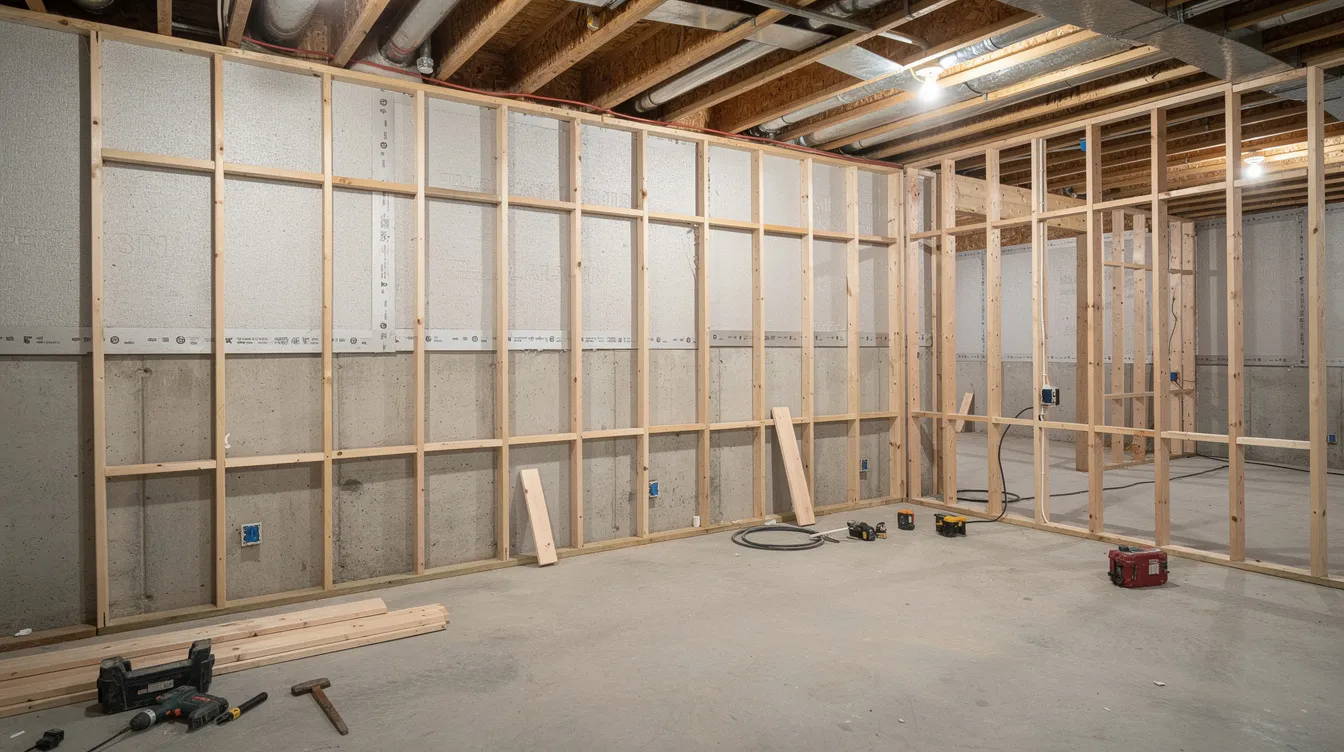 The image depicts a basement remodeling project in progress, showcasing wall studs framed against concrete foundation walls, with rigid foam insulation installed. This unfinished basement is being transformed into a functional space, utilizing quality materials for a future livable area.