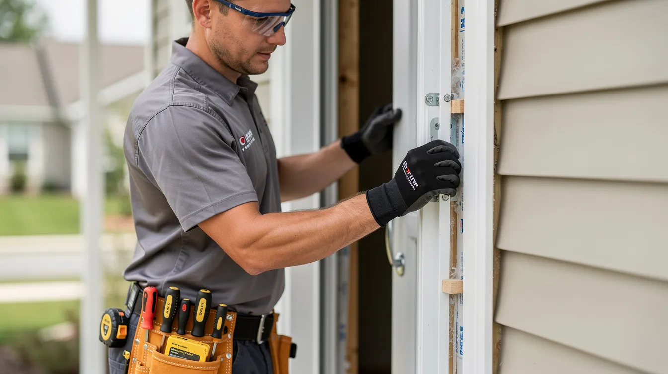 A professional installer is shown in close-up, meticulously fitting a new vinyl window into the existing frame of a residential home, highlighting the precision needed for quality window installation. This image emphasizes the importance of energy efficiency and the expertise of local contractors in providing replacement windows for homeowners.