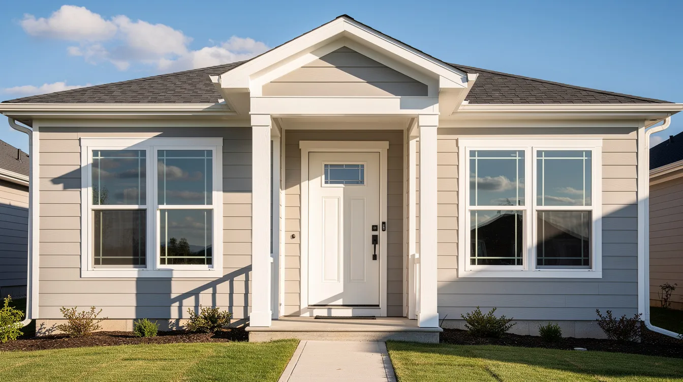 The image shows a residential home in Greenfield, Indiana, featuring freshly installed premium replacement windows and a stylish new front entry door, all illuminated by the bright sunlight. This modern exterior enhances the home's curb appeal and energy efficiency, making it an attractive option for homeowners looking to upgrade their property.