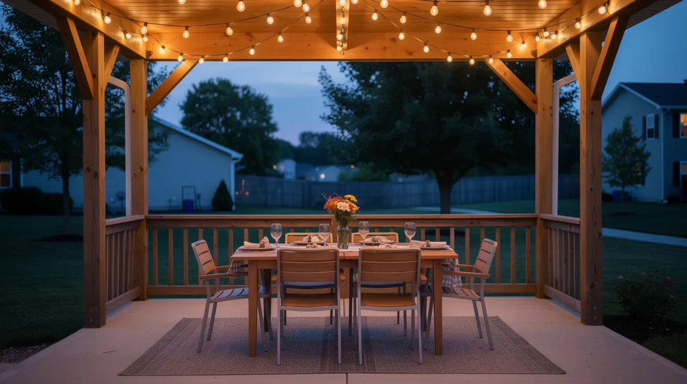 The image captures a cozy evening scene of a lit covered porch in a suburban Indiana backyard, adorned with string lights and a dining setup, perfect for outdoor living spaces. This inviting outdoor structure enhances the home's appeal, providing a functional area for family gatherings and relaxation.