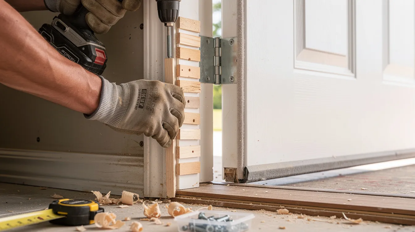 The image shows a close-up of shims and screws being installed along the hinge side jamb of a new exterior door, ensuring a secure fit for smooth operation. The installation process includes careful adjustments to maintain plumb and consistent contact within the rough opening.