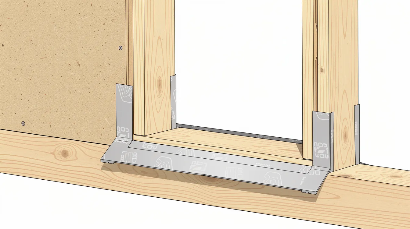 The image shows a close-up view of a rigid sill pan and flashing tape securely installed at the base of a rough opening for an exterior door in a wood-framed wall. The installation highlights the careful alignment and sealing necessary to prevent water infiltration and ensure smooth operation of the door unit.