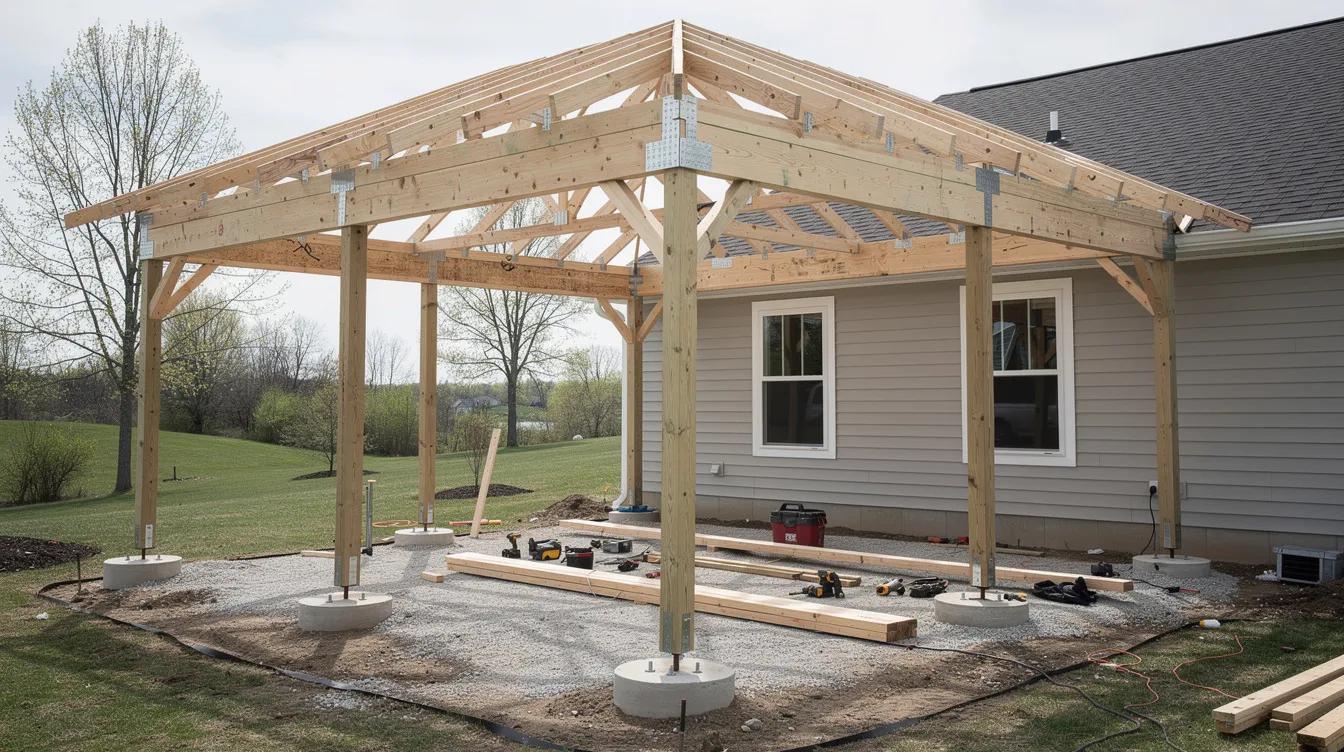 The image shows the in-progress framing of a covered porch roof on a Central Indiana home, featuring structural beams and proper footing placement, highlighting the construction of an outdoor living space. This project is a key step in creating a functional and durable outdoor structure that enhances the home's appeal.