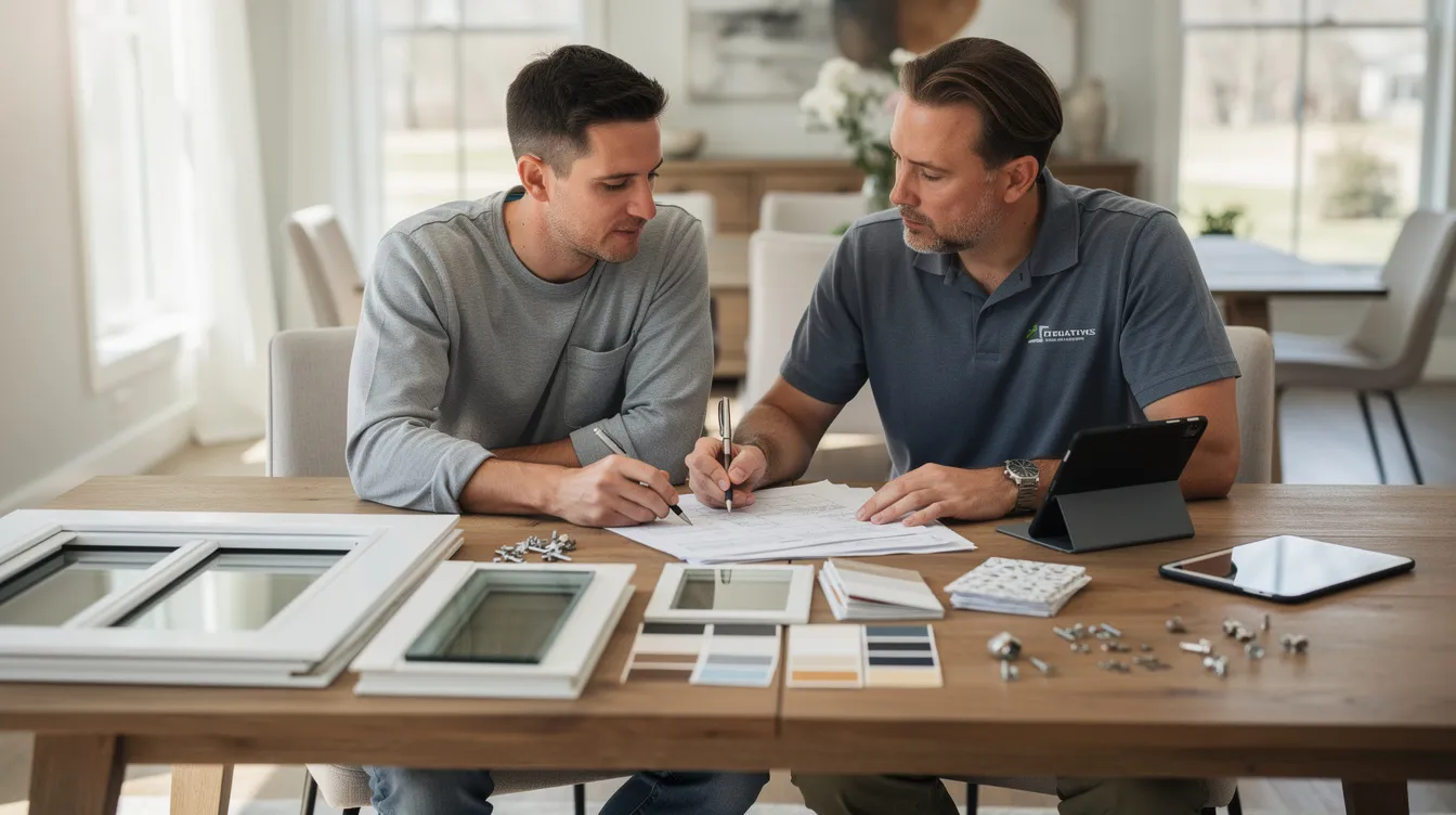 A homeowner and a local contractor are seated at a dining table, discussing paperwork while examining various window samples, including options for replacement windows and energy-efficient designs. The scene reflects a collaborative effort in planning for window installation, showcasing materials and styles that enhance the home's exterior.
