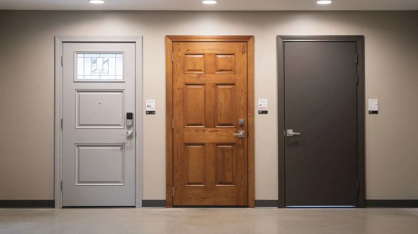 The image shows a row of three exterior doors made from different materials—fiberglass, wood, and steel—displayed on a contractor showroom wall, highlighting various styles and options for enhancing a home's exterior. Each door represents a unique choice for entry doors, showcasing their durability and aesthetic appeal.