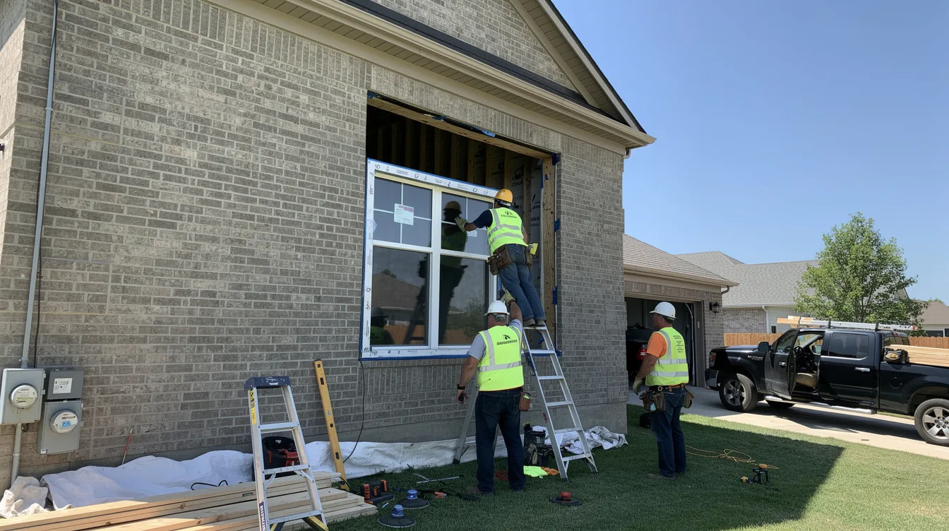 A residential construction crew is seen installing a large new window on the exterior of a brick house on a clear day, showcasing their professionalism and hard work in window installation. This project highlights the importance of energy efficiency and quality products in home improvement, as they replace windows to enhance the home's style and functionality.