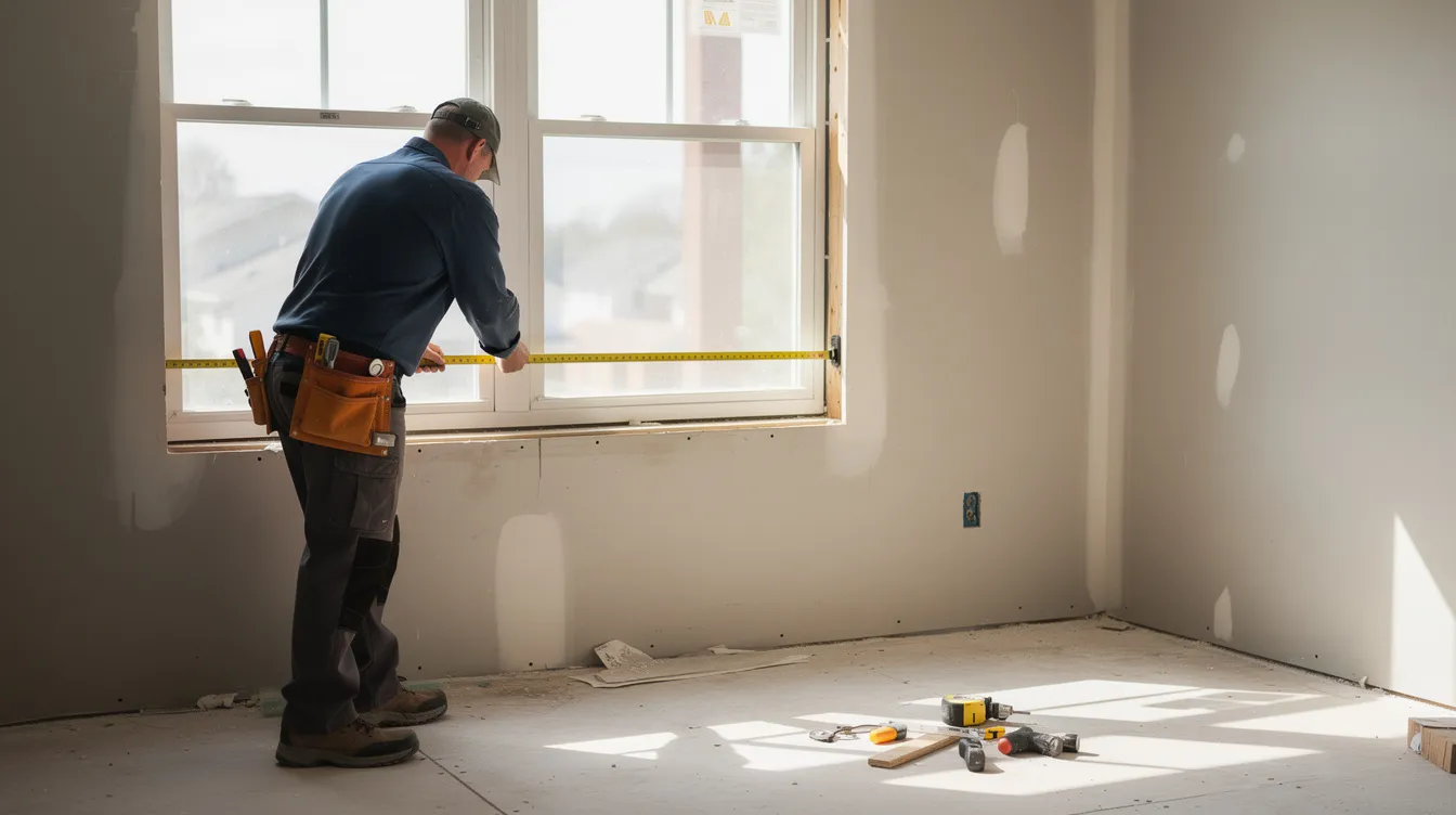 A construction professional is measuring a window frame inside a residential home, preparing for the installation of premium replacement windows. This process is essential for ensuring energy efficiency and enhancing the home's curb appeal for Greenfield homeowners.