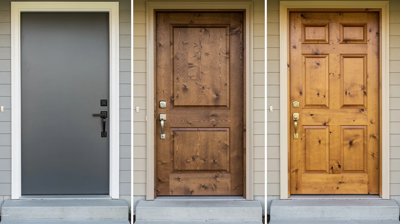 The image features a close-up comparison of three different front doors displayed side by side on residential porches: a sleek steel door, a fiberglass door with a woodgrain texture, and a classic natural stained wood door. This visual showcases various door styles, highlighting their unique appearances and materials, which can enhance a home's curb appeal and security.