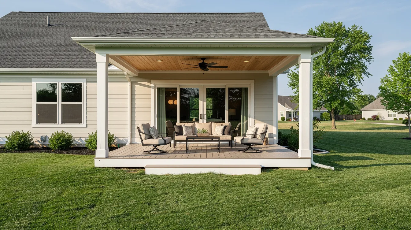 The image depicts a completed covered back porch on a Central Indiana home, featuring comfortable seating and a ceiling fan, all surrounded by a lush green backyard. This outdoor living space offers a perfect setting for relaxation and enjoyment, showcasing the quality materials and craftsmanship of experienced deck builders.