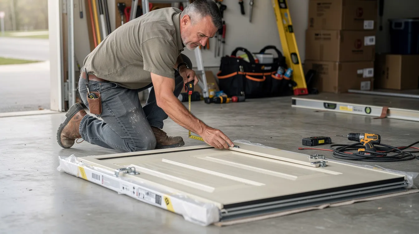 A contractor is carefully inspecting a new fiberglass exterior door unit on a garage floor, ensuring all components like the sill pan and head jamb are ready for installation. The attention to detail includes checking the hinge location and preparing to install hardware for smooth operation.